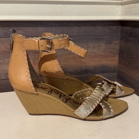 Sam Edelman Leather Silvia Wedge Sandals Shoes Women’s Size 10 Gold Brown Ankle - Picture 6 of 10